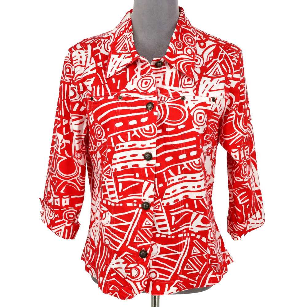 Kaktus Jacket Womens Medium Red White Geometric Stretch Cotton Cuffed Sleeves